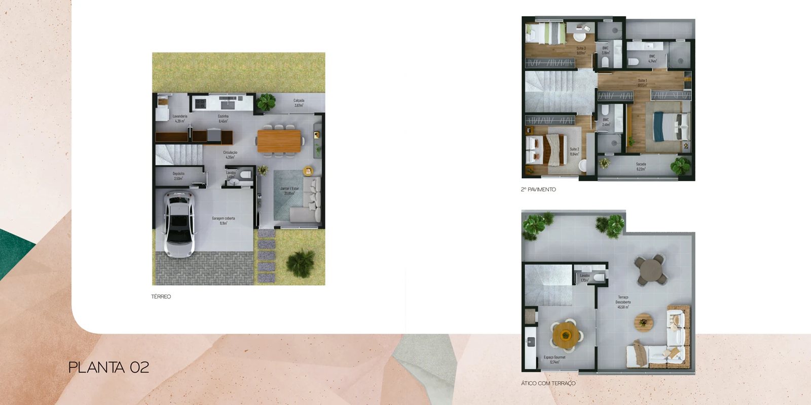 Planta 02 | Casas 160m² + Terraço de 45m²
