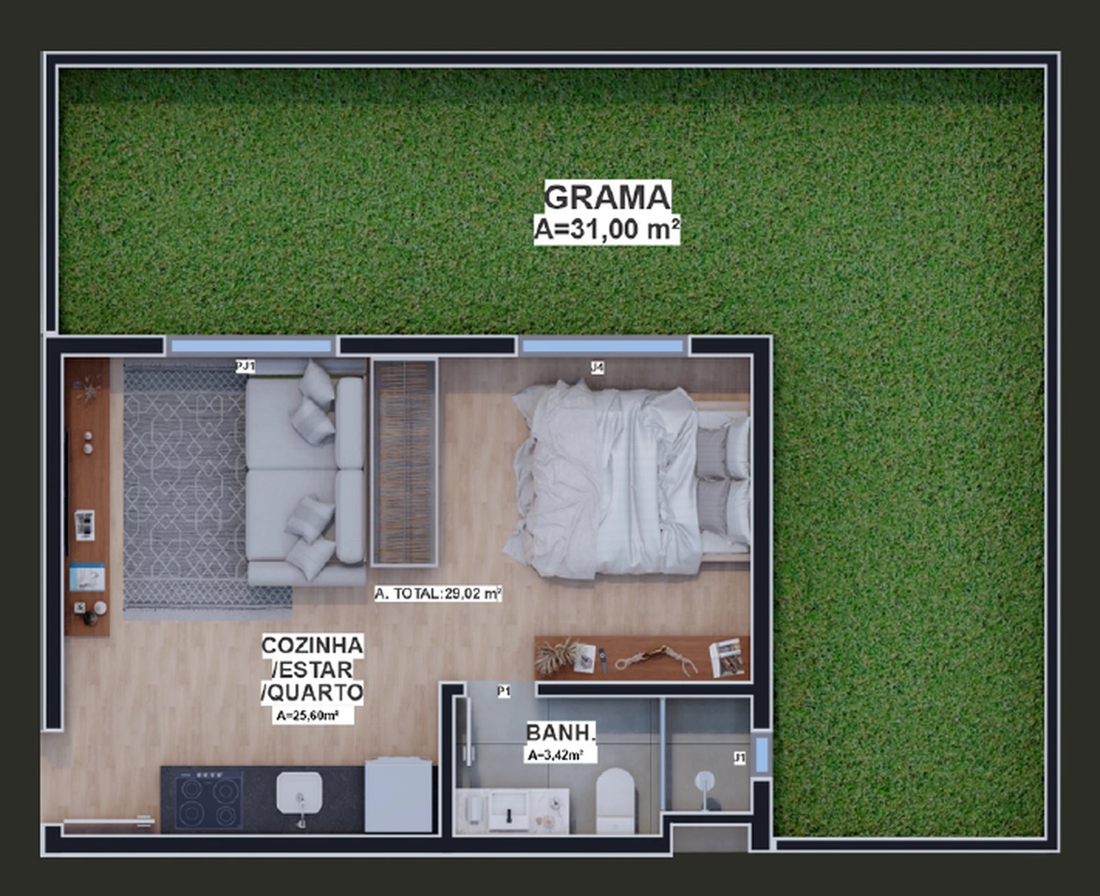 Planta 04 - 1 dorm 31m² - garden