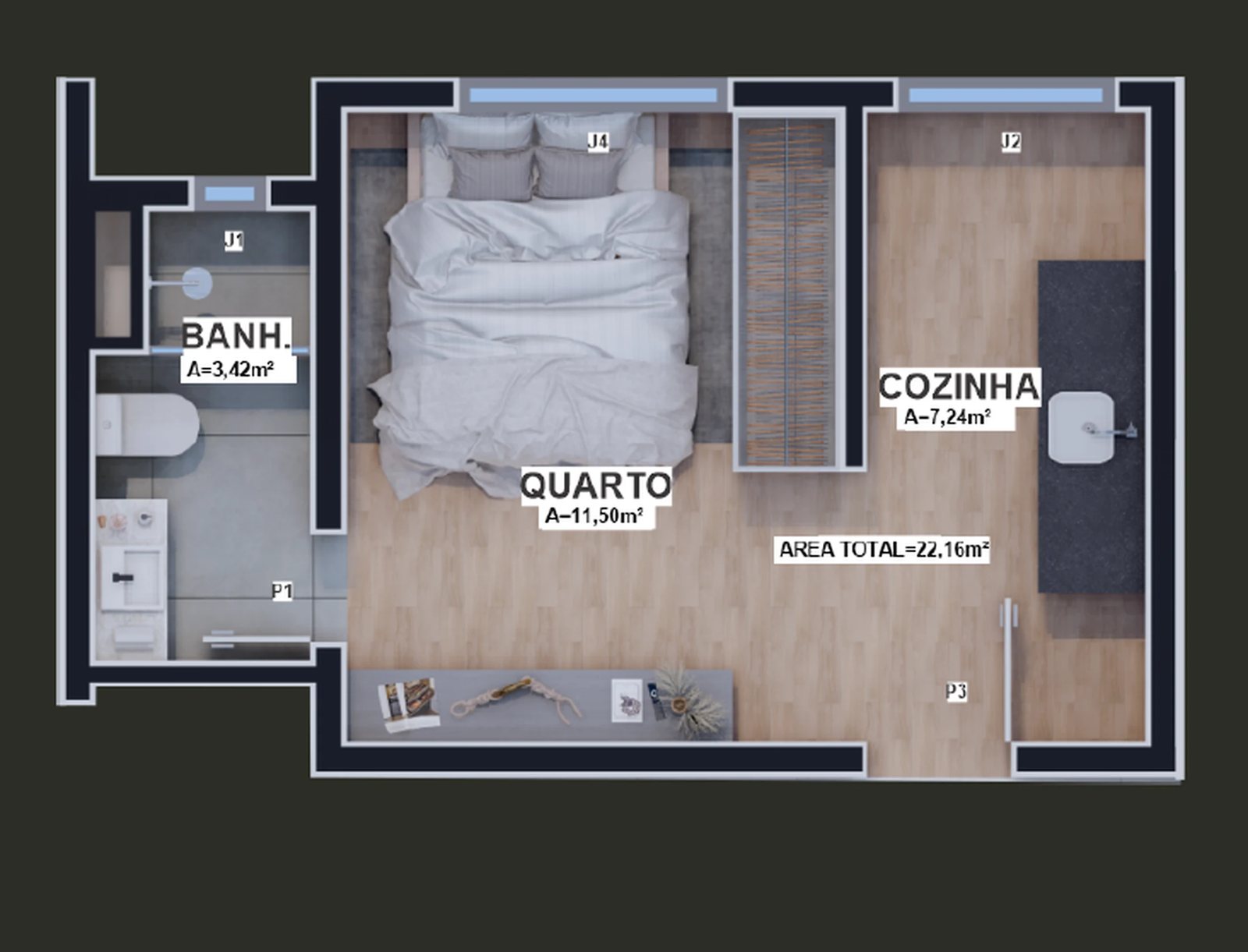 Planta 02 - 1 dorm 22,16m² - studio