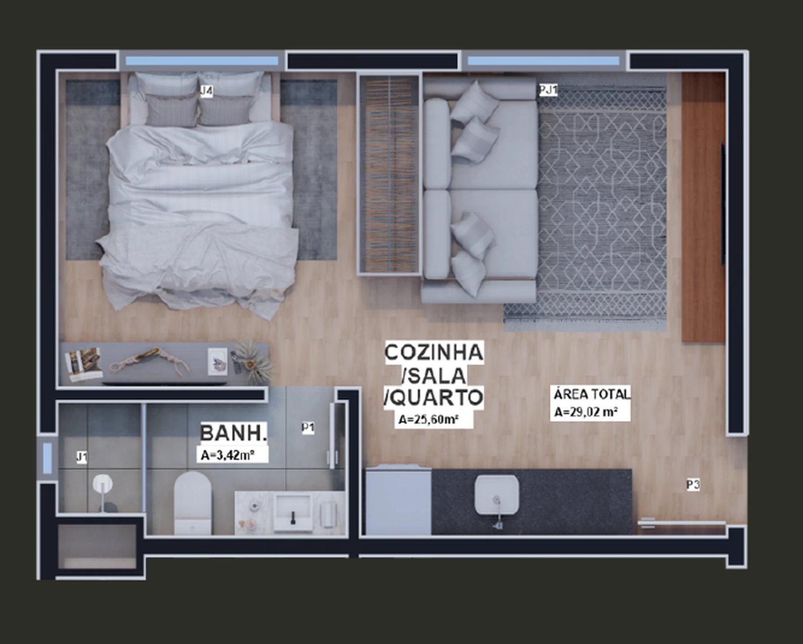 Planta 03 - 1 dorm 29,02m² - studio