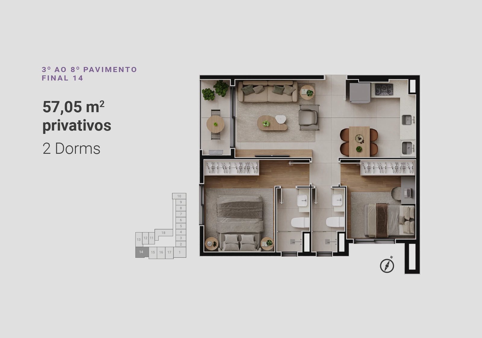 Planta 09 - 2 dorm 57,05m²