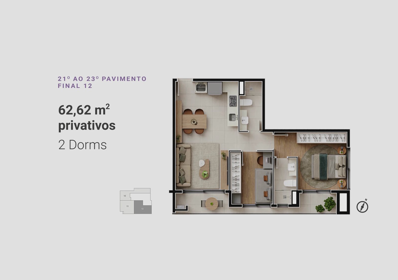 Planta 14 - 2 dorm 62,62m²