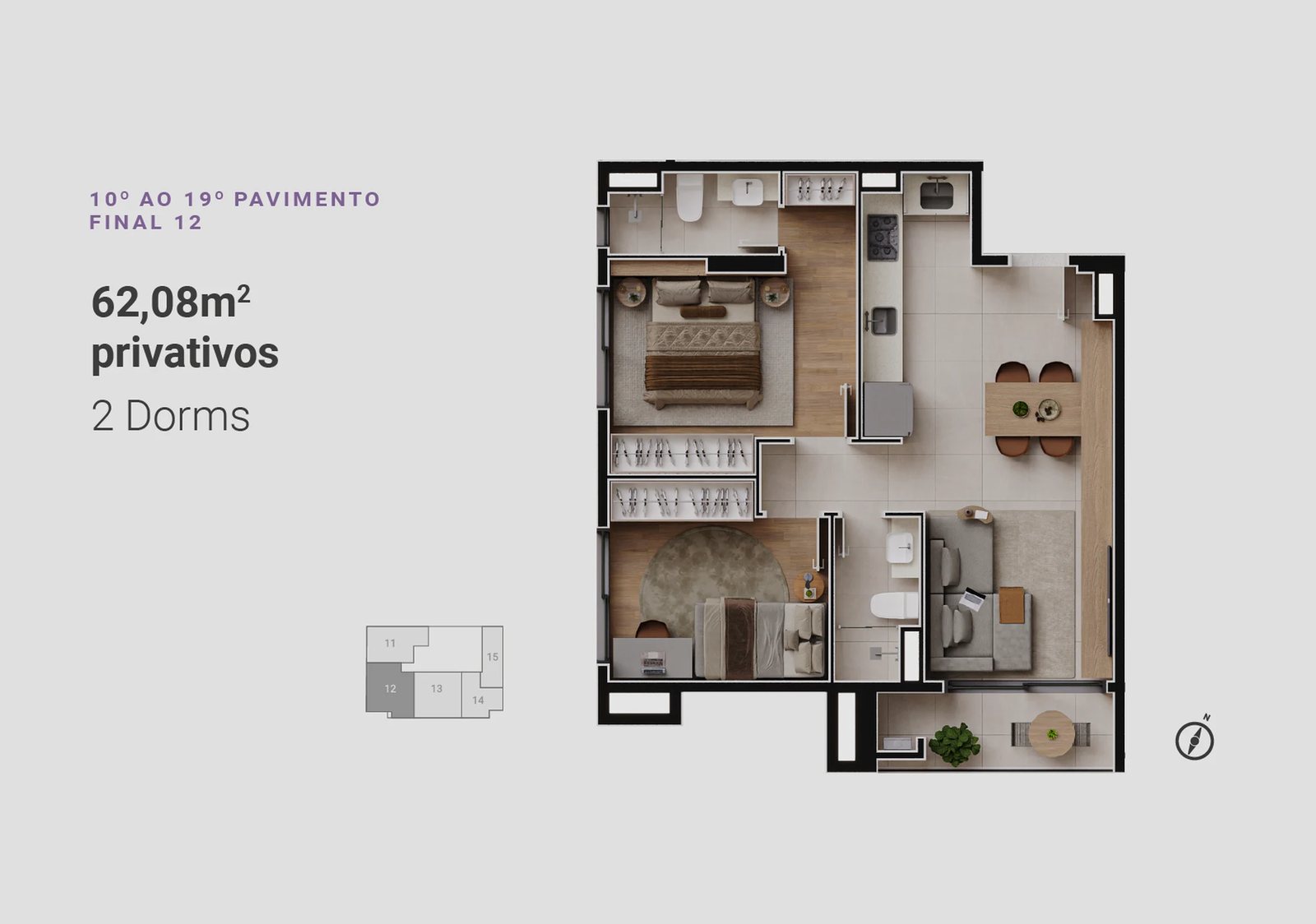 Planta 13 - 2 dorm 62,08m²