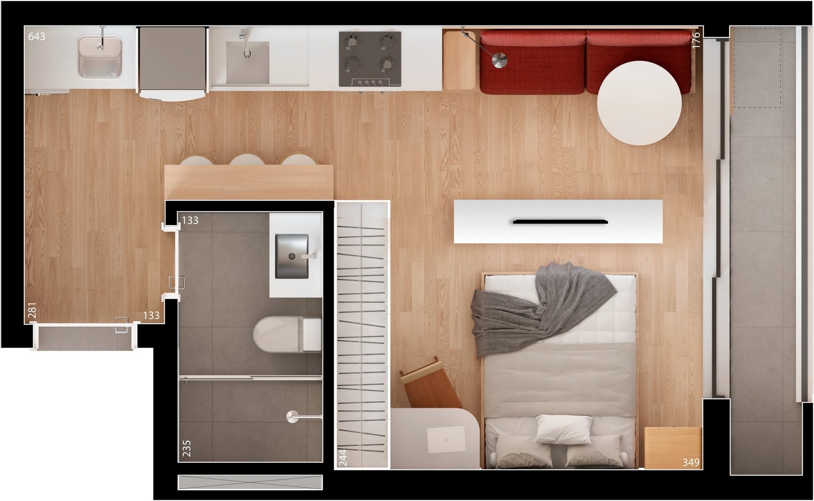 Planta 01 - 1 dorm 29,75m² - studio