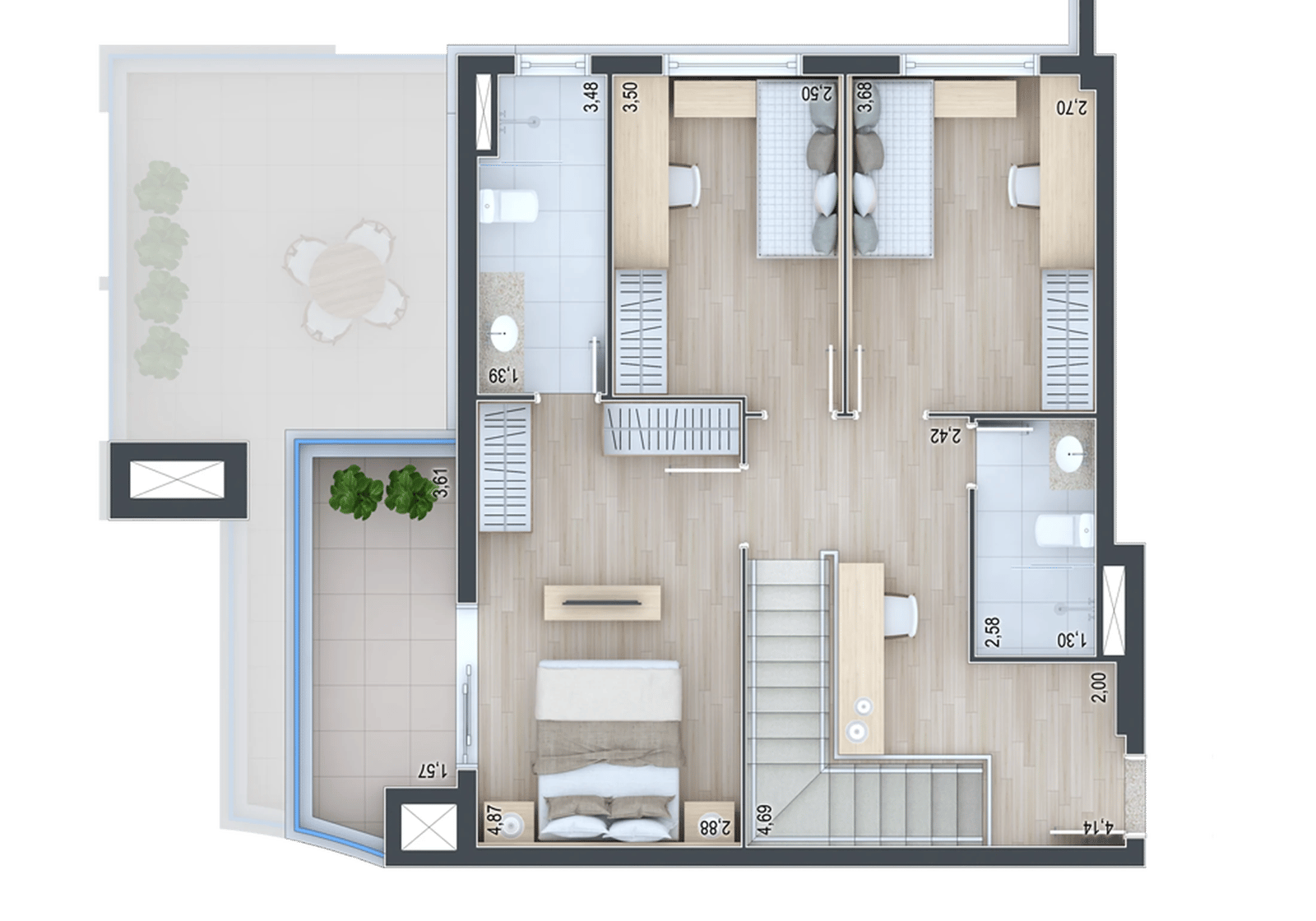 Planta 42 - 3 dorm 158,02m² - cobertura duplex - superior