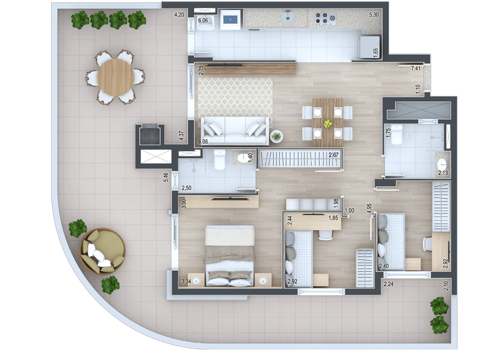 Planta 23 - 3 dorm 128,88m² - garden