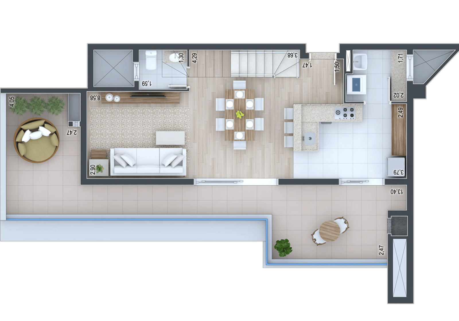 Planta 30 - 3 dorm 147,14m² - cobertura duplex - inferior