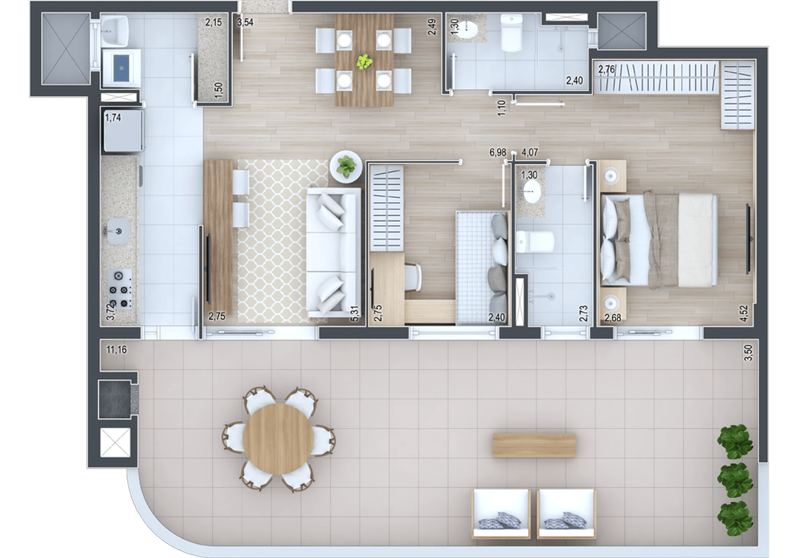 Planta 21 - 2 dorm 102,76m² - garden