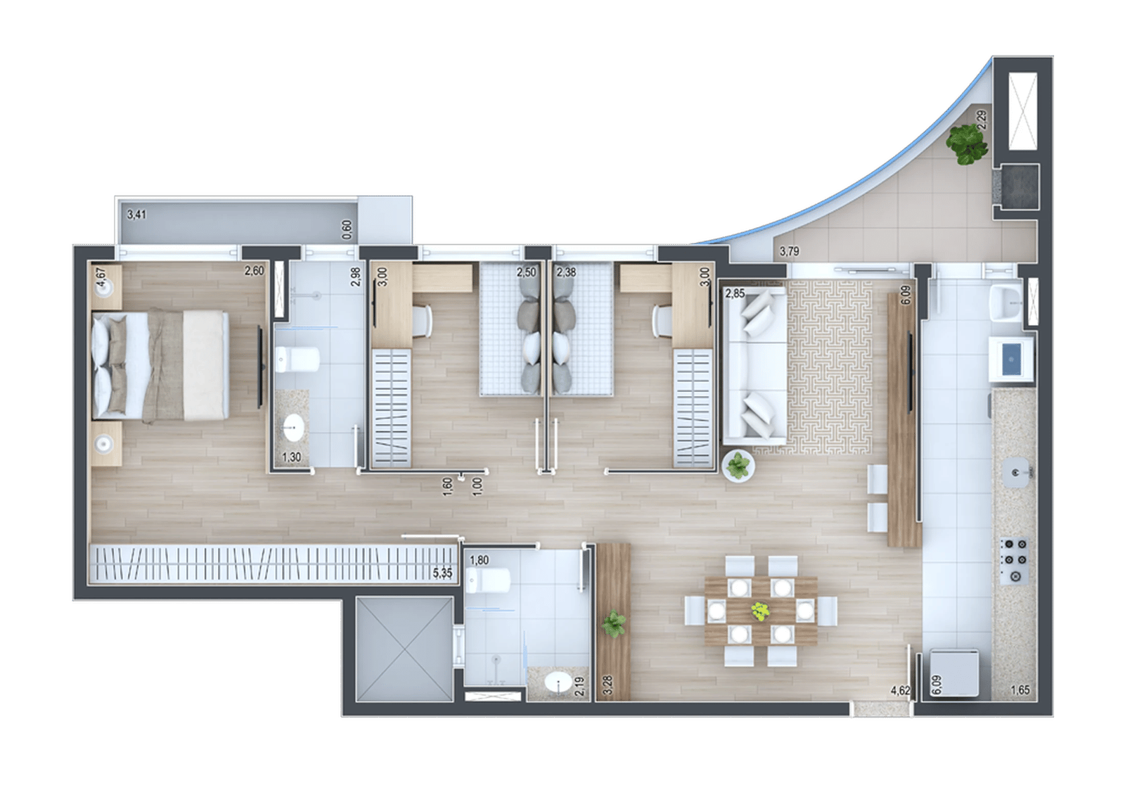 Planta 19 - 3 dorm 91,70m²