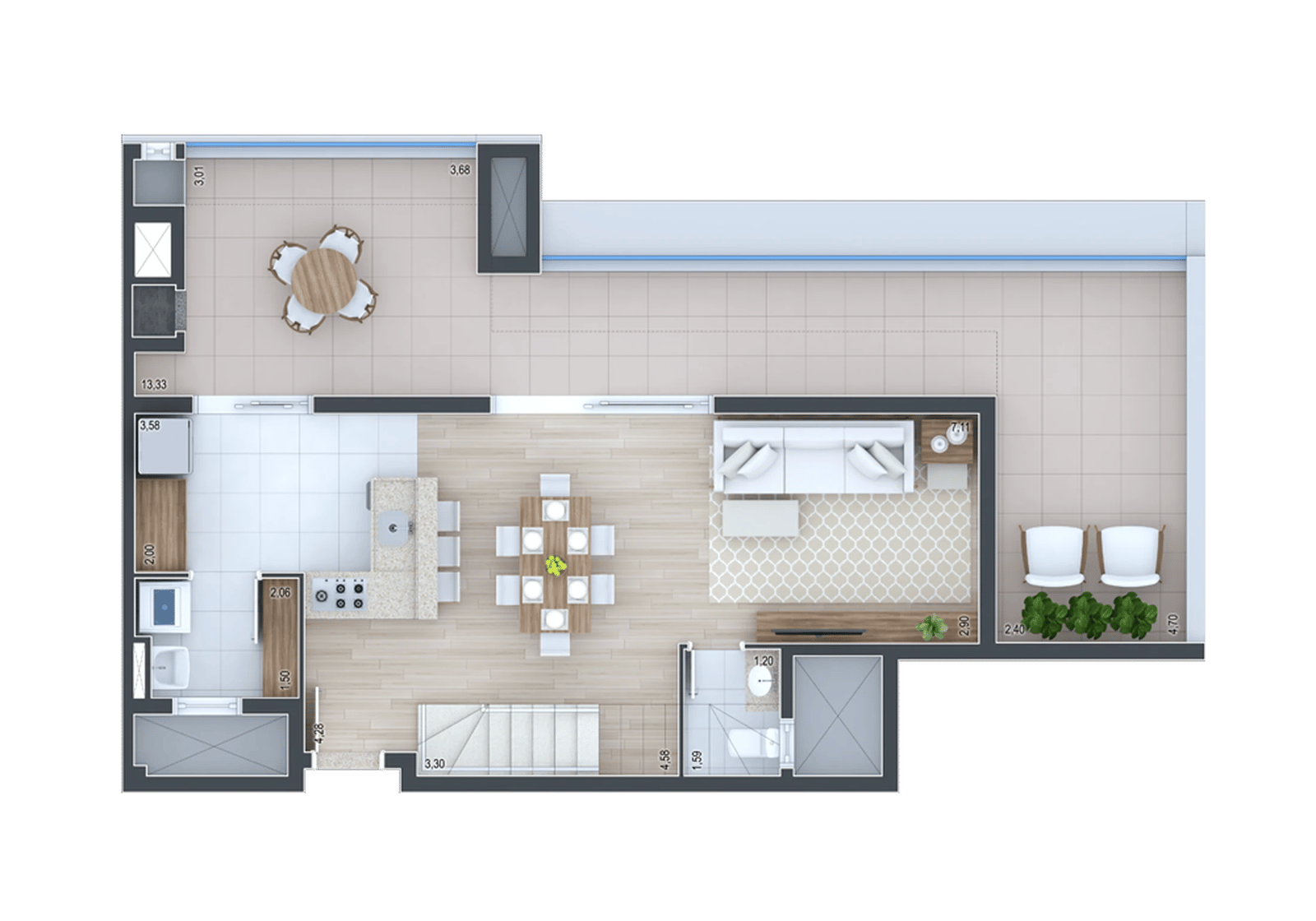 Planta 32 - 3 dorm 148,78m² - cobertura duplex - inferior