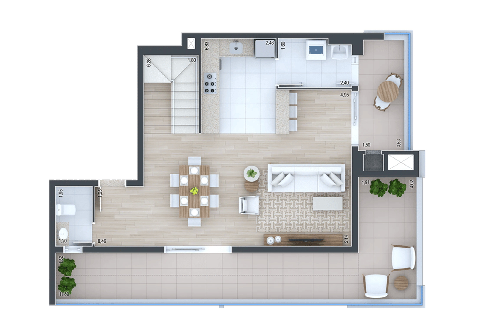 Planta 43 - 3 dorm 160,17m² - cobertura duplex - inferior