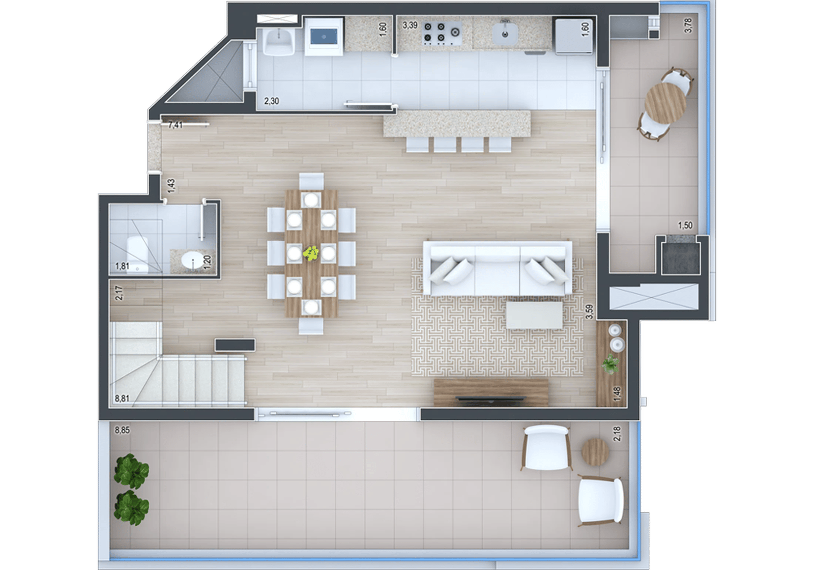Planta 35 - 3 dorm 152,93m² - cobertura duplex - inferior