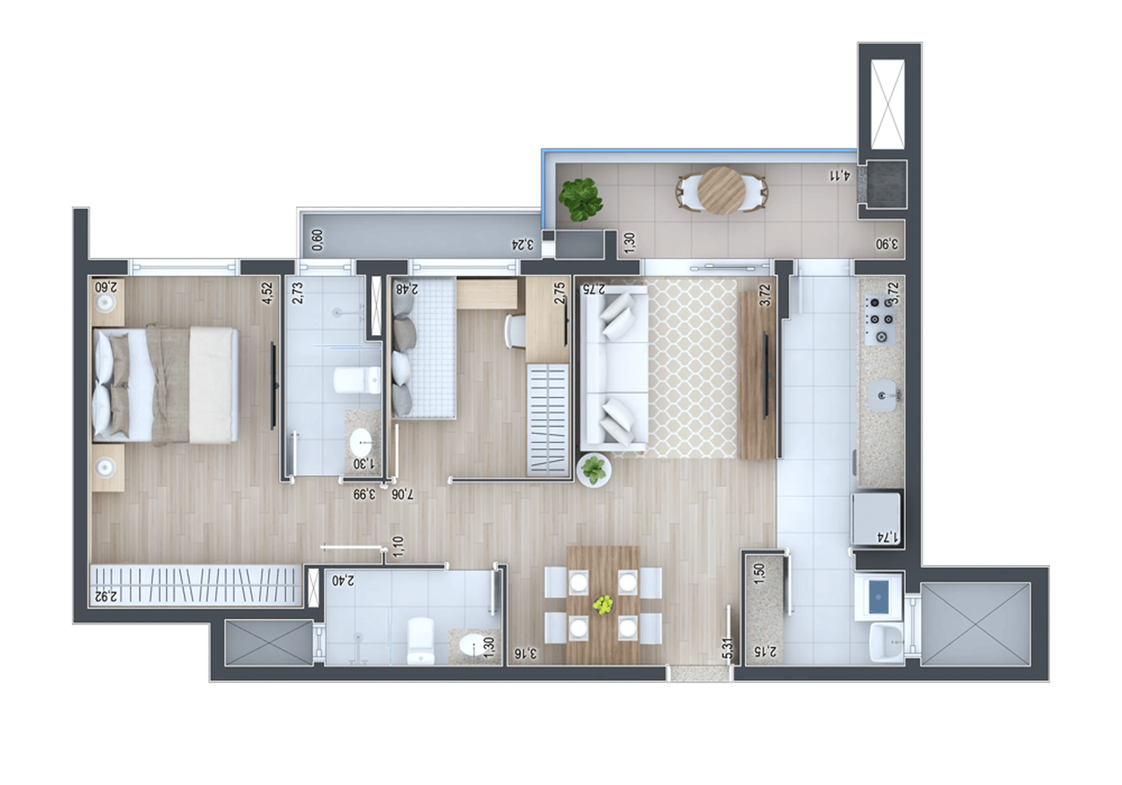 Planta 02 - 2 dorm 71,97m²