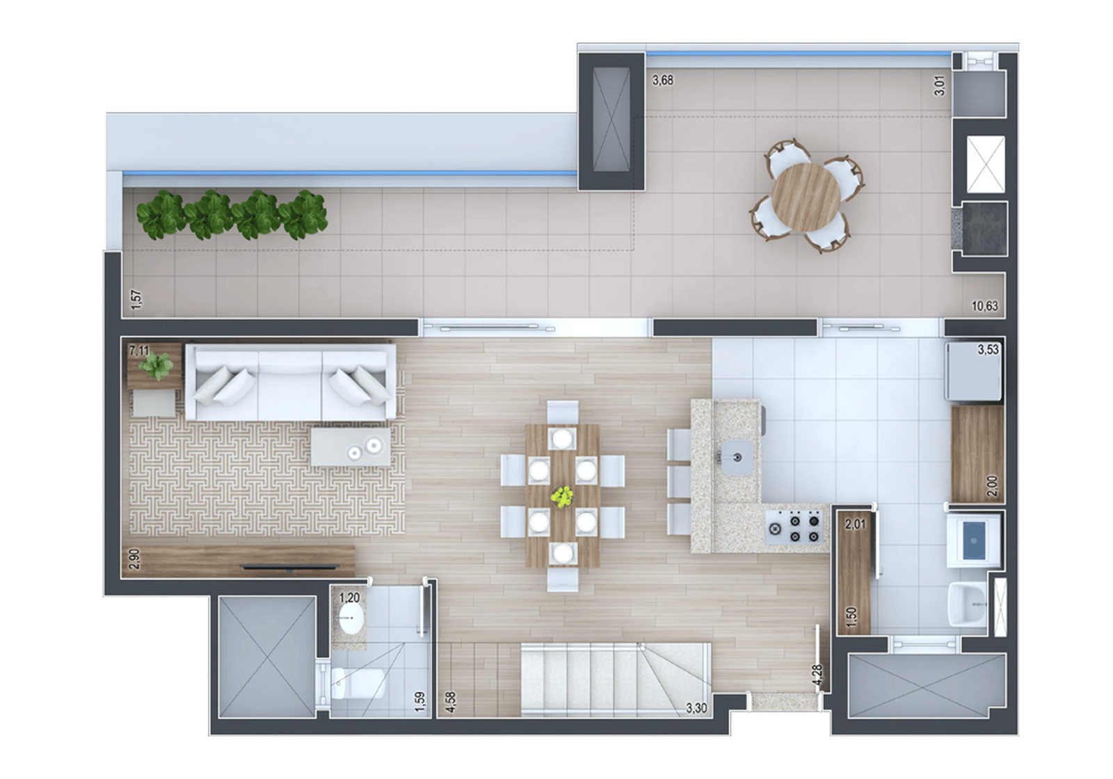 Planta 25 - 3 dorm 134,87m² - cobertura duplex - inferior