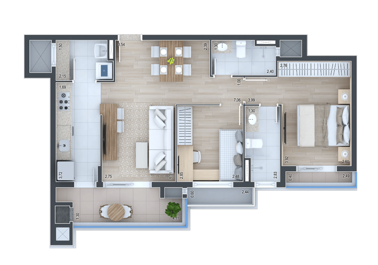 Planta 01 - 2 dorm 71,72m²