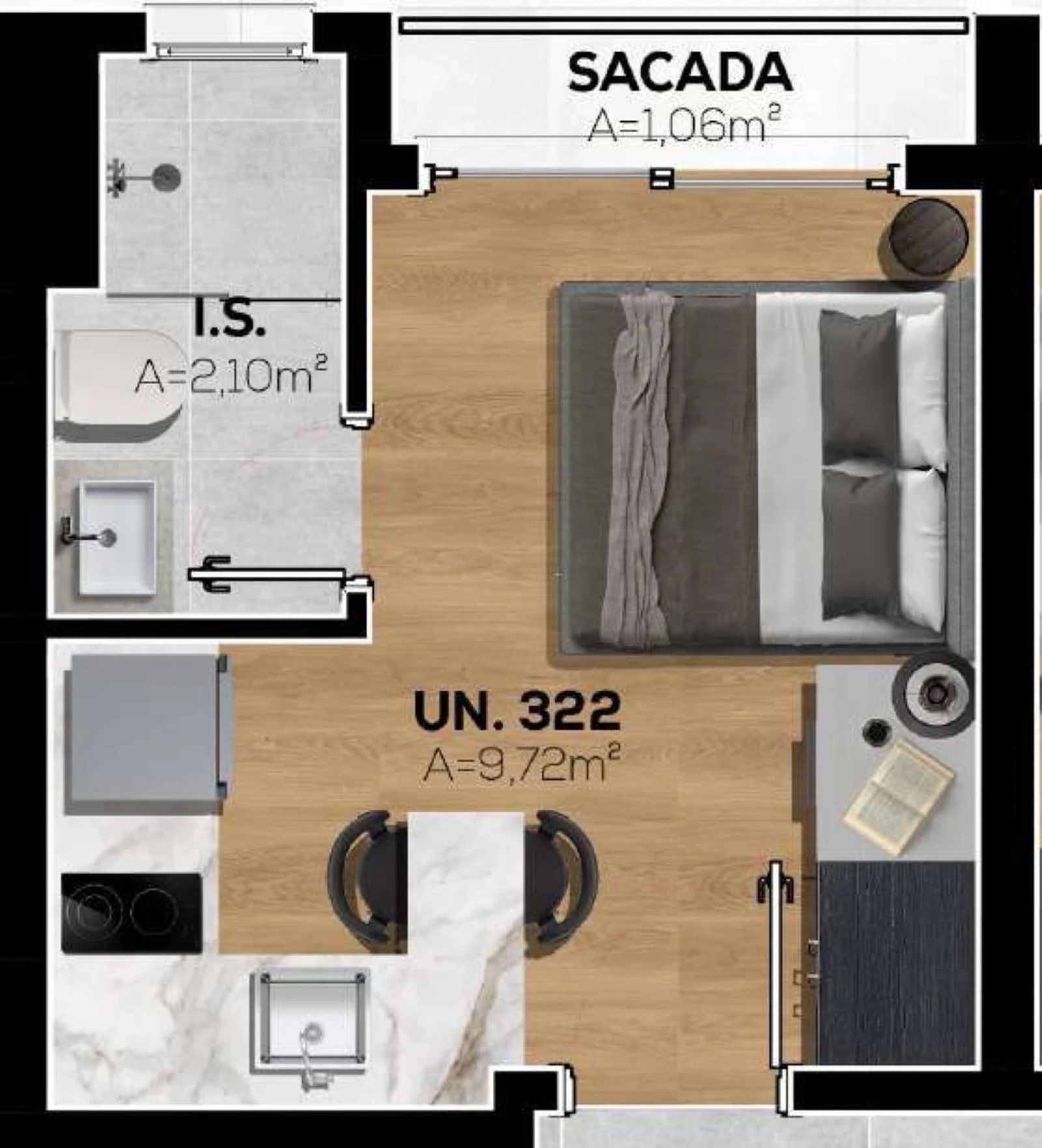 Planta 01 - 1 dorm 15,96m² - studio