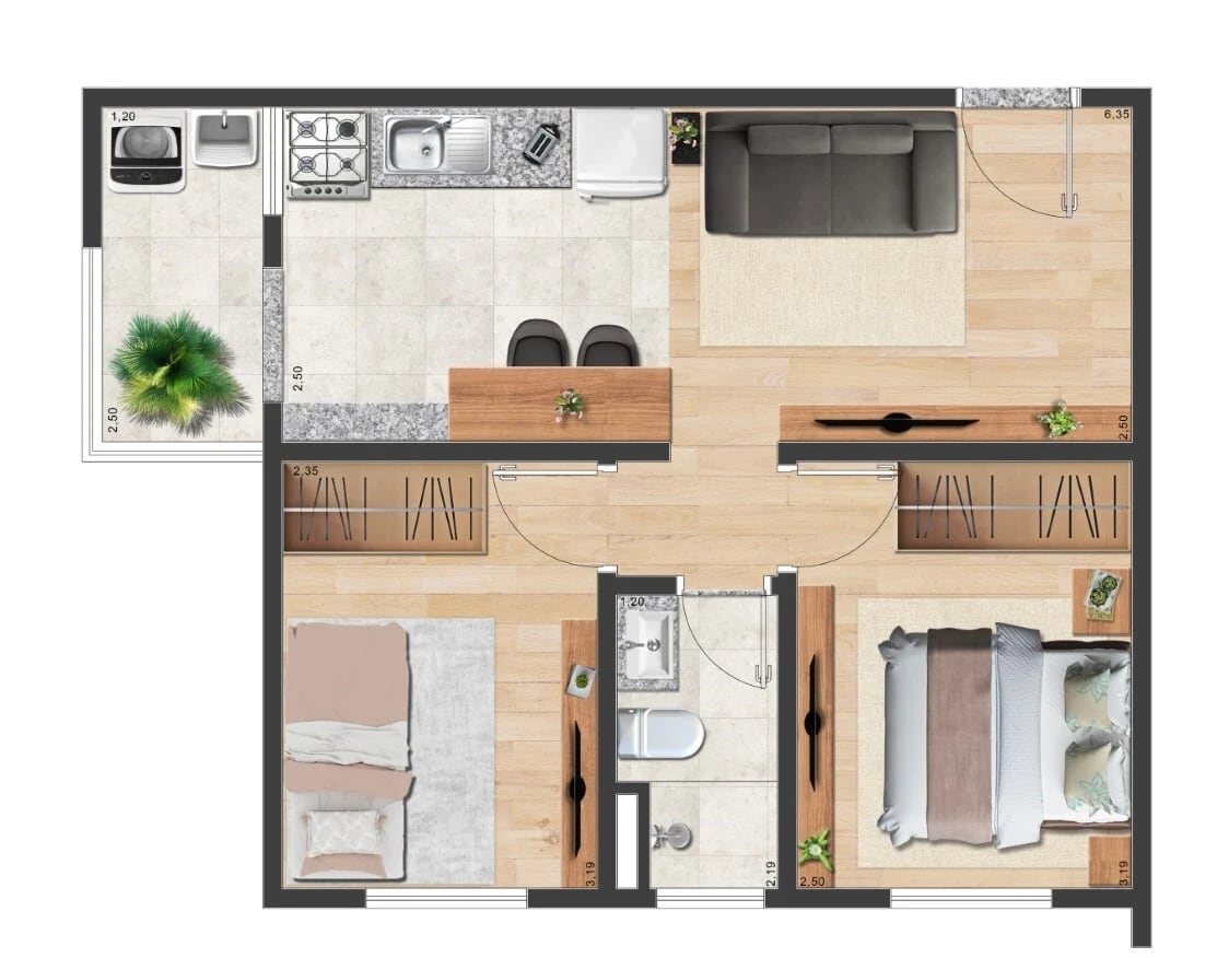 Planta 01 - 2 dorm 44m²