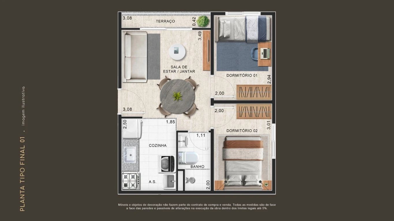 Planta 03 - 2 dorm 34,55m²
