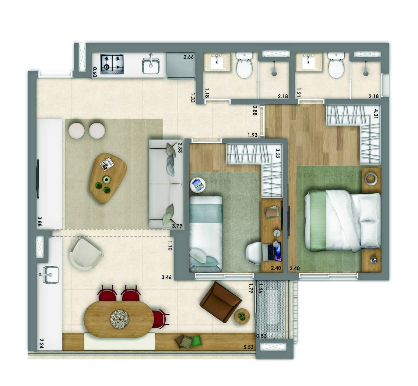 Planta 05 - 2 dorm 66m²