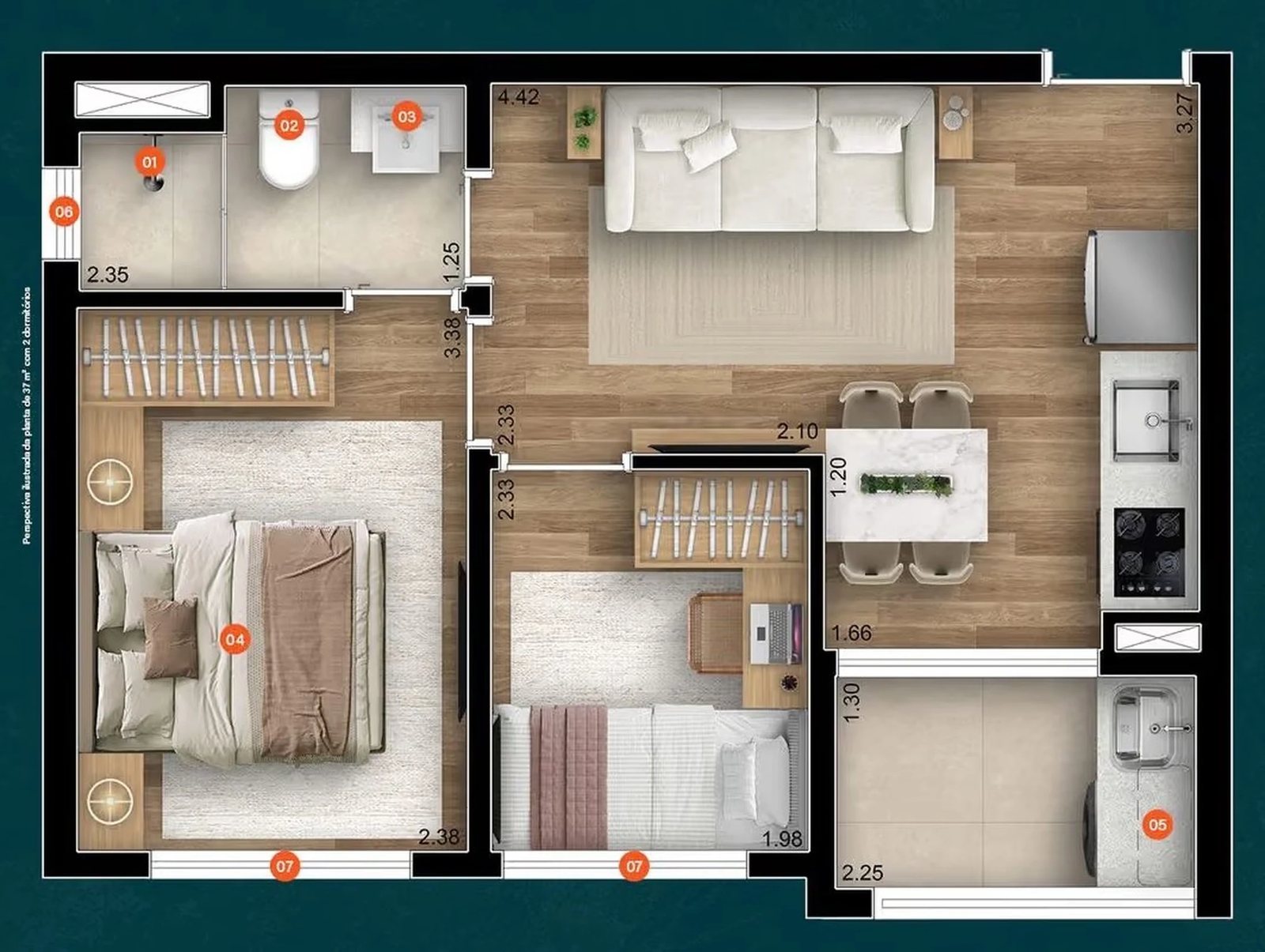Planta 02 - 3 dorm 37m²