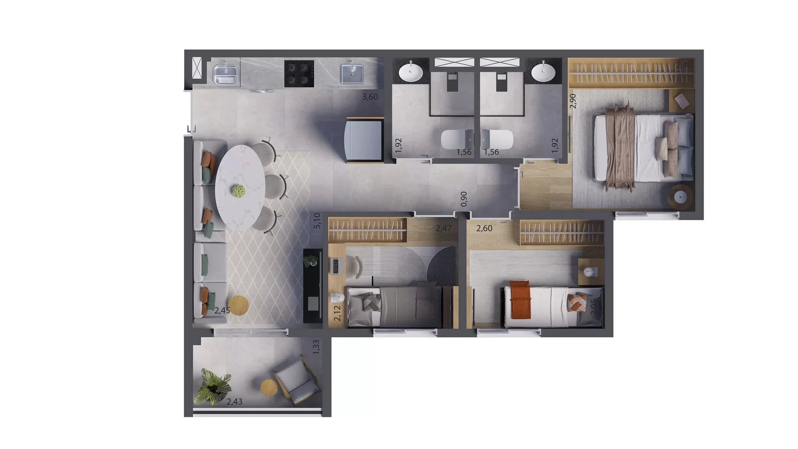 Planta 02 - 3 dorm 51m²