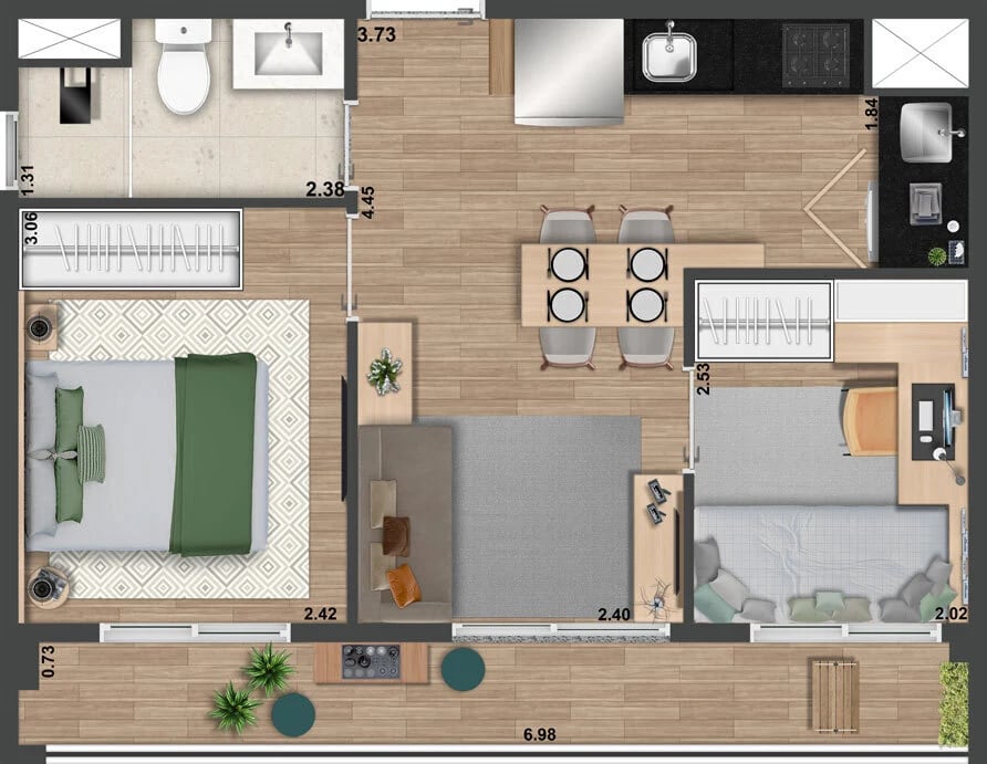 Planta 01 - 2 dorm 39 99m²