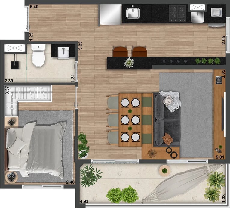 Planta 05 - 1 dorm 51 10m² - opção 1