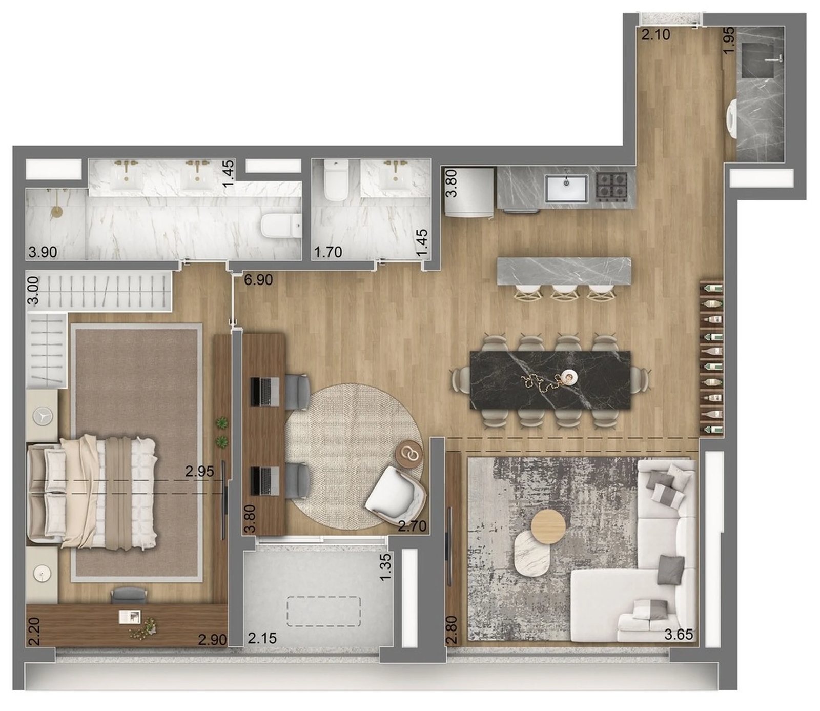 Planta 08 - 1 dorm 80m² - opção 02