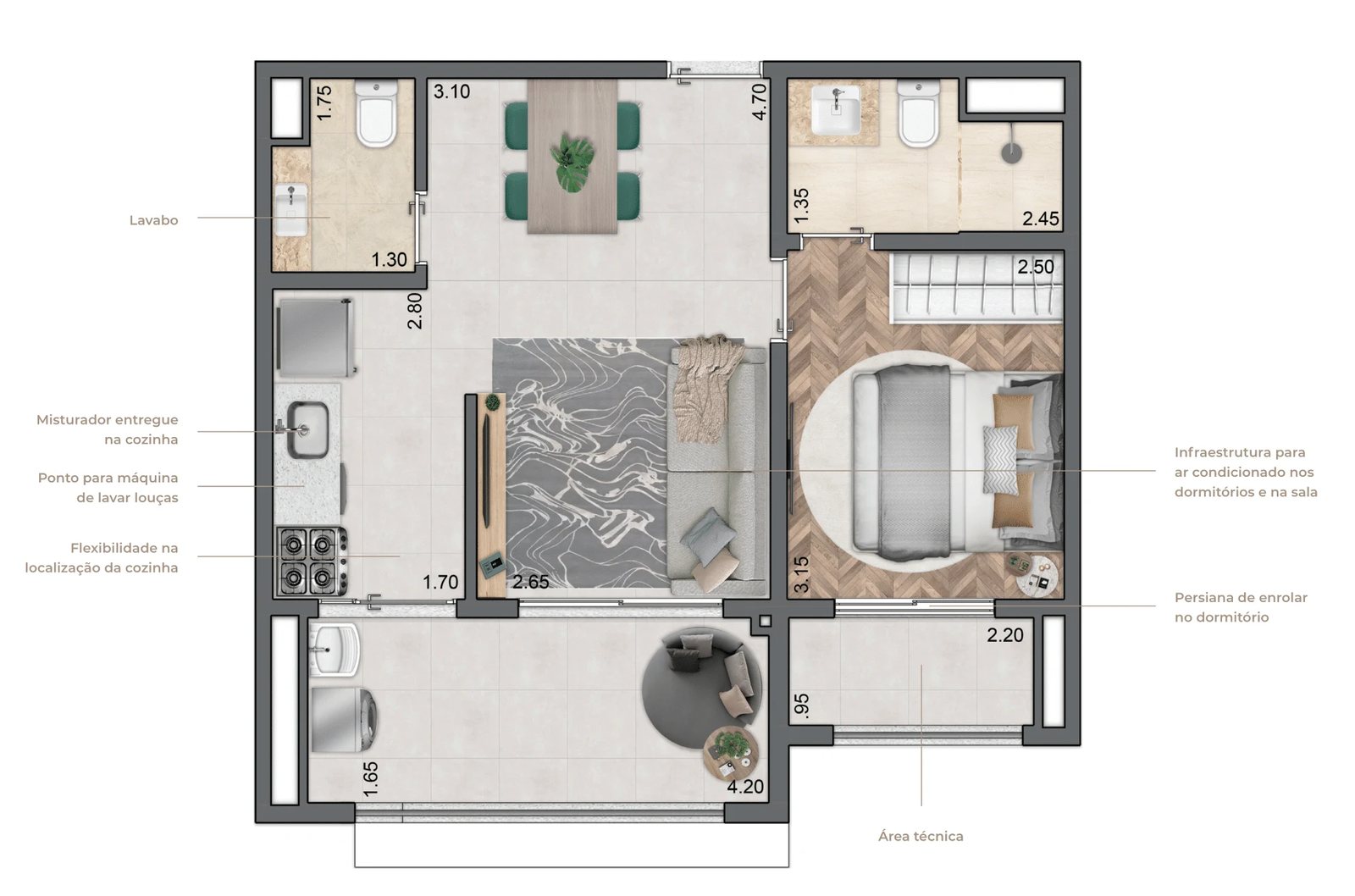 Planta 02 - 1 dorm 47m²