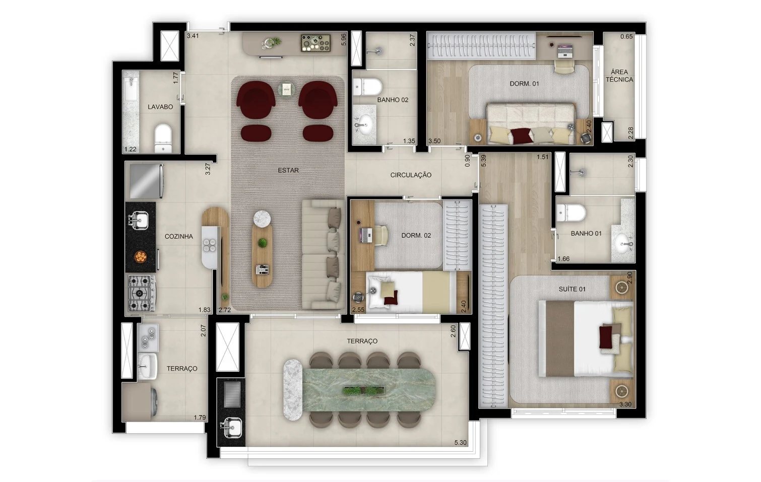 Planta 01 - 3 dorm 97m²