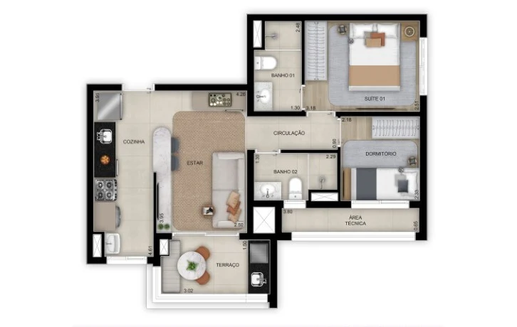 Planta 03 - 2 dorm 57m²