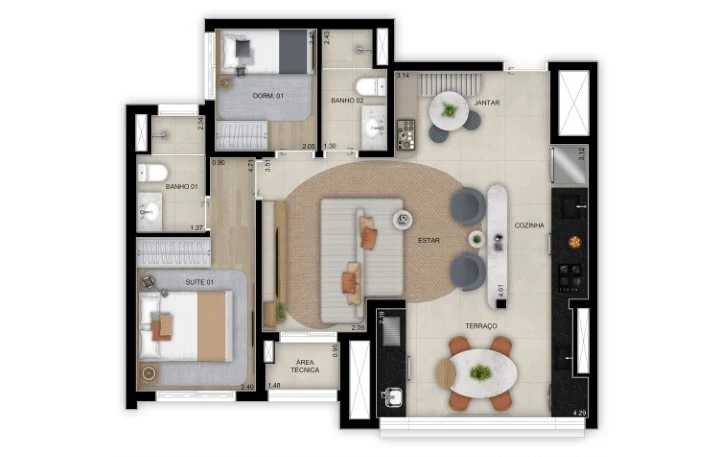 Planta 05 - 2 dorm 68m² - opção 1