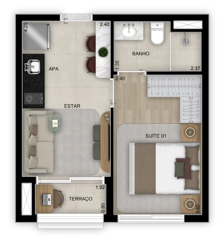 Planta 01 - 1 dorm 29m²