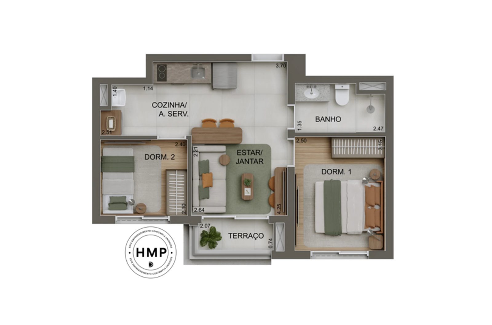 Planta 02 - 2 dorm 44m²