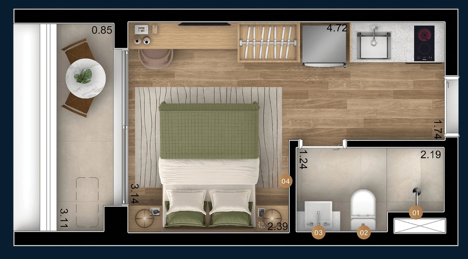 Planta 01 - 1 dorm 20,85m² - studio