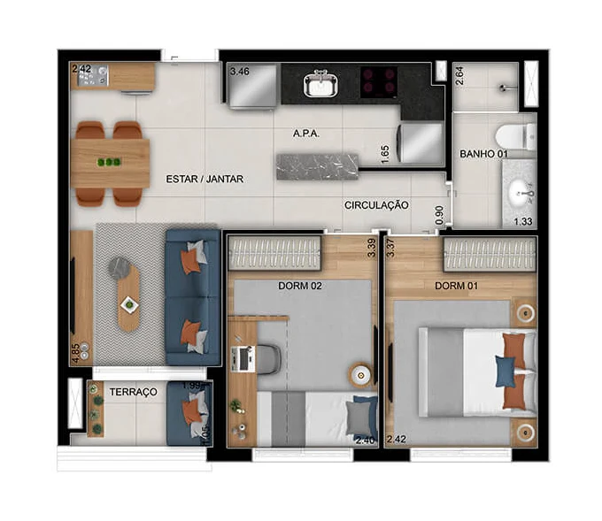 Planta 02 - 2 dorm 50m²