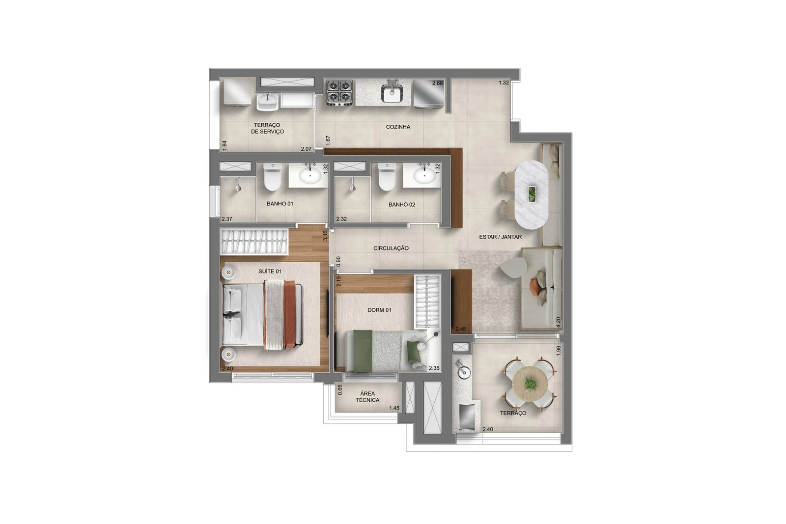 Planta 04 - 2 dorm 57m²