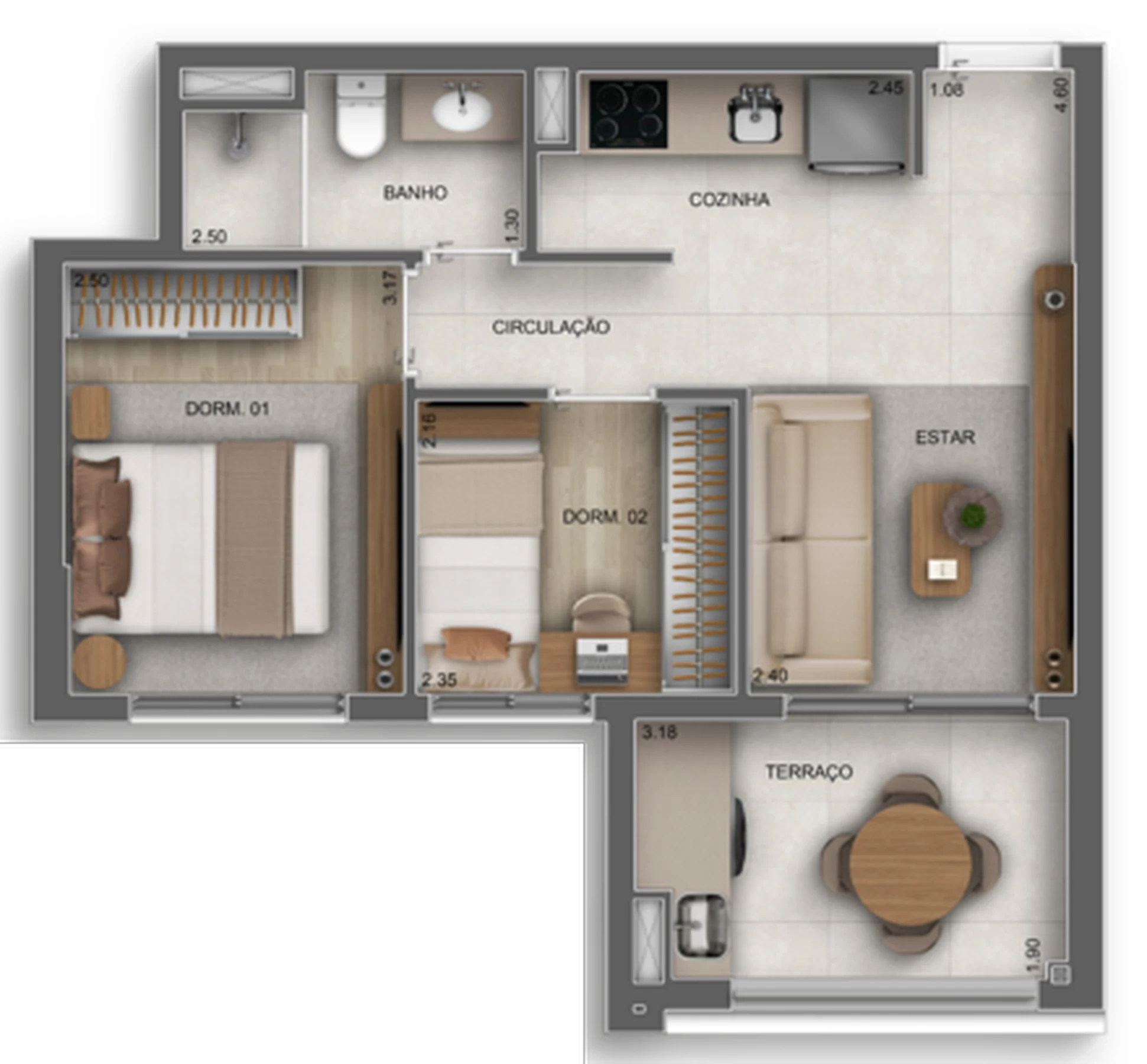 Planta 01 - 2 dorm 45m²
