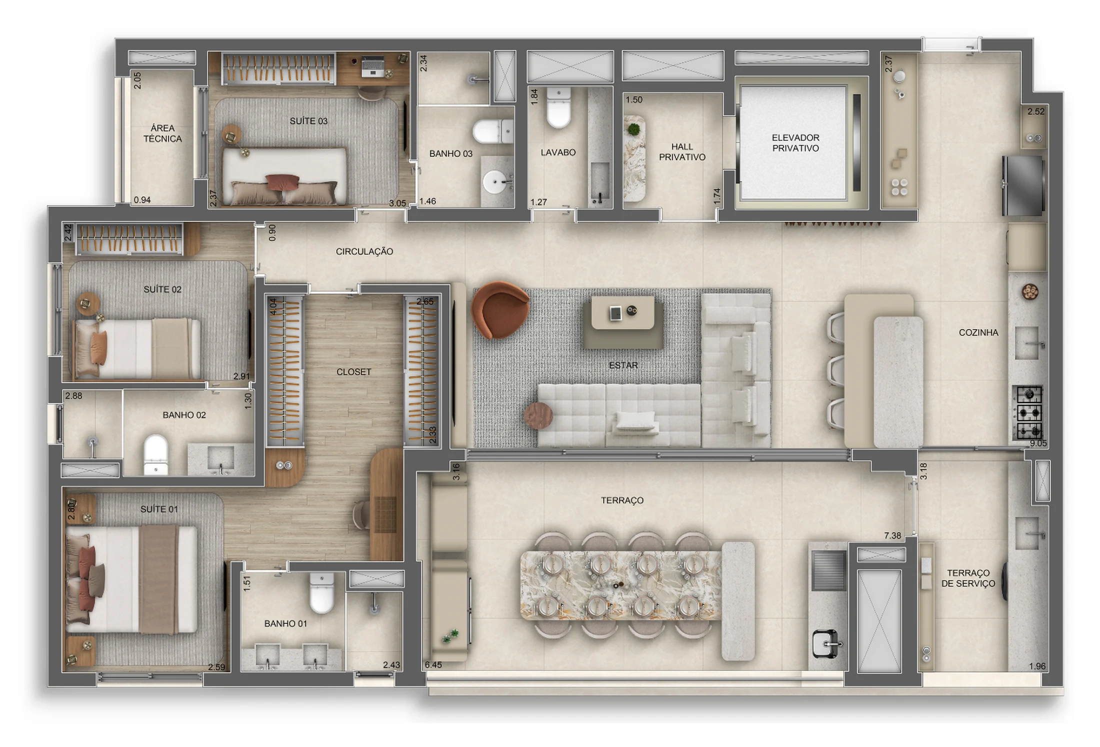 Planta 05 - 3 dorm 137m²