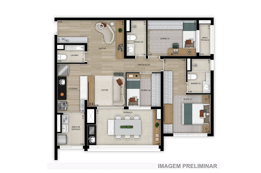 Planta 03 - 3 dorm 91m²