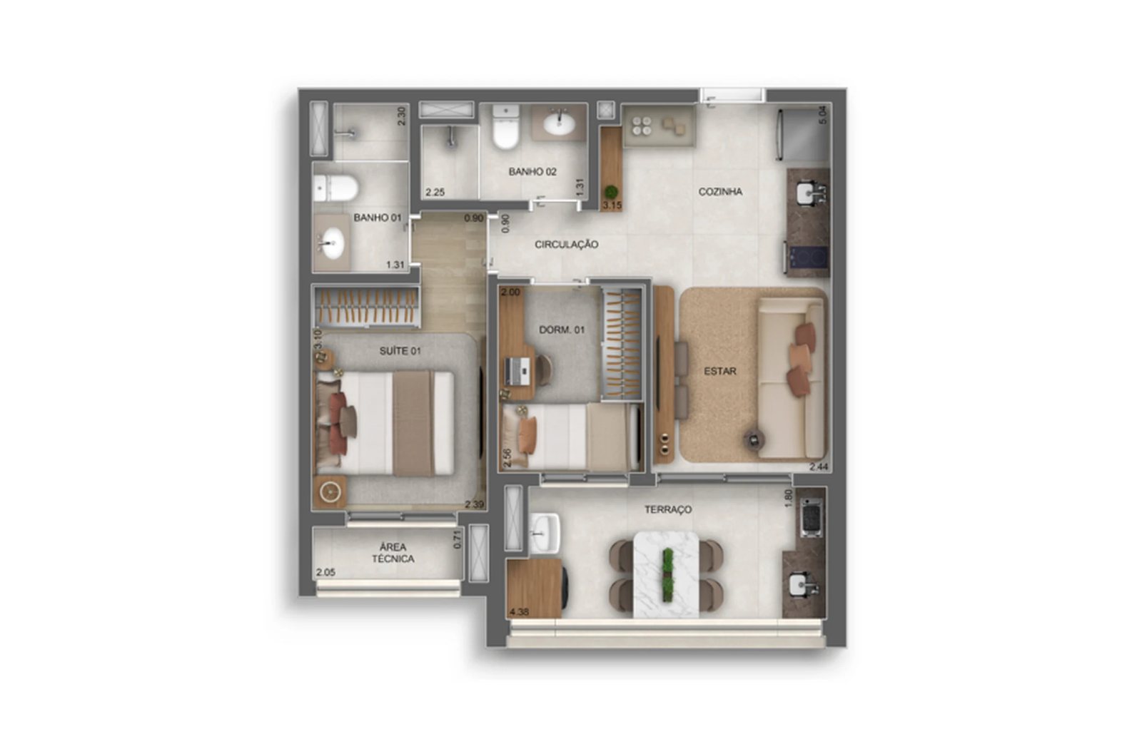 Planta 02 - 2 dorm 52m²