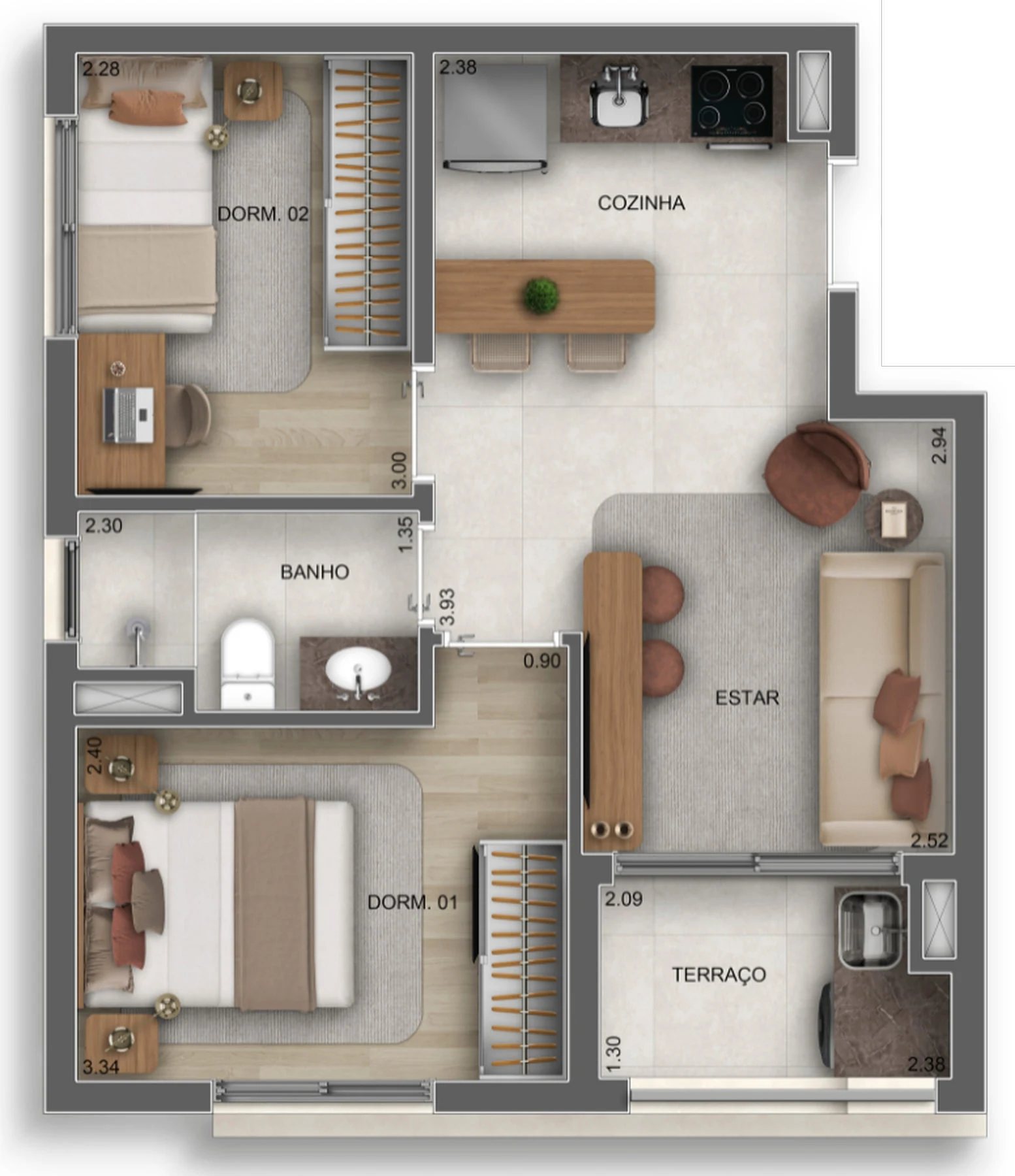 Planta 01 - 2 dorm 44m²