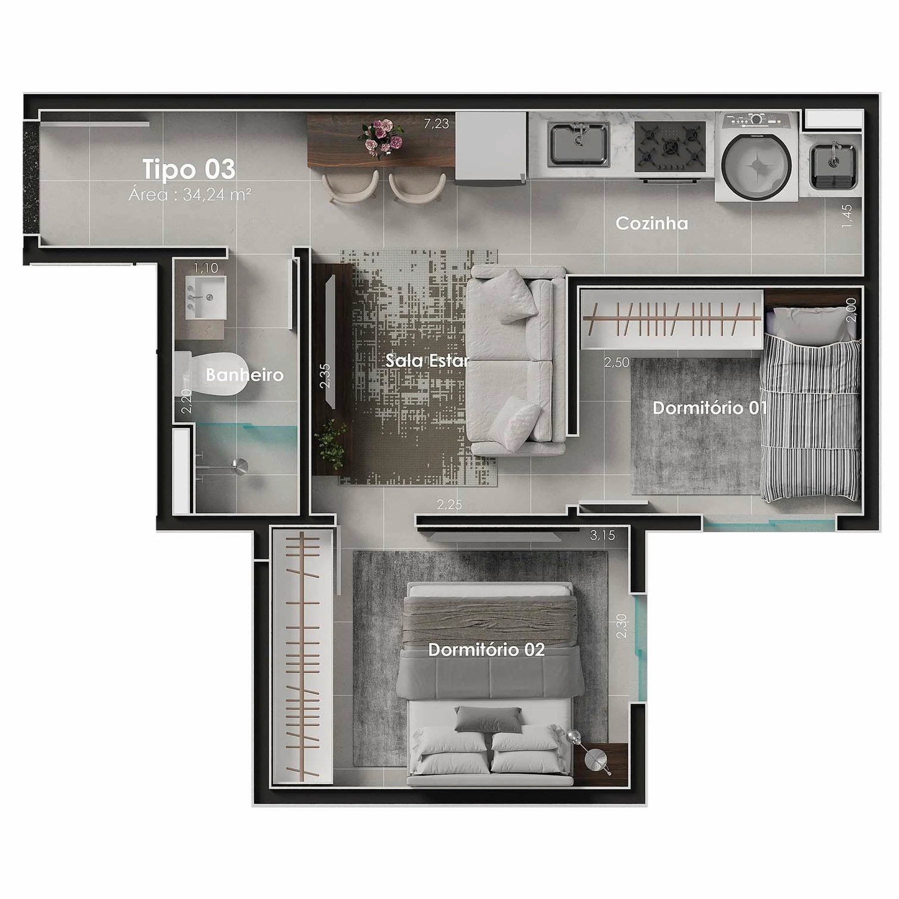 Planta 03 - 1 dorm 34,24m²