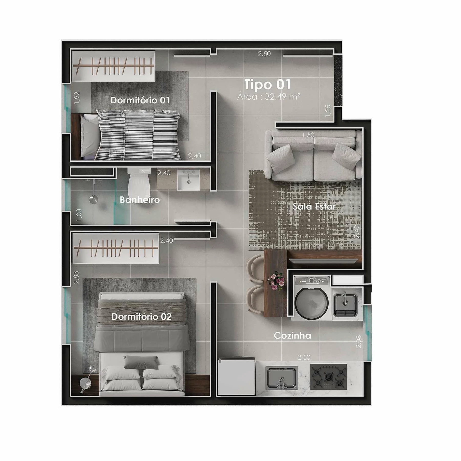 Planta 02 - 2 dorm 32,49m²