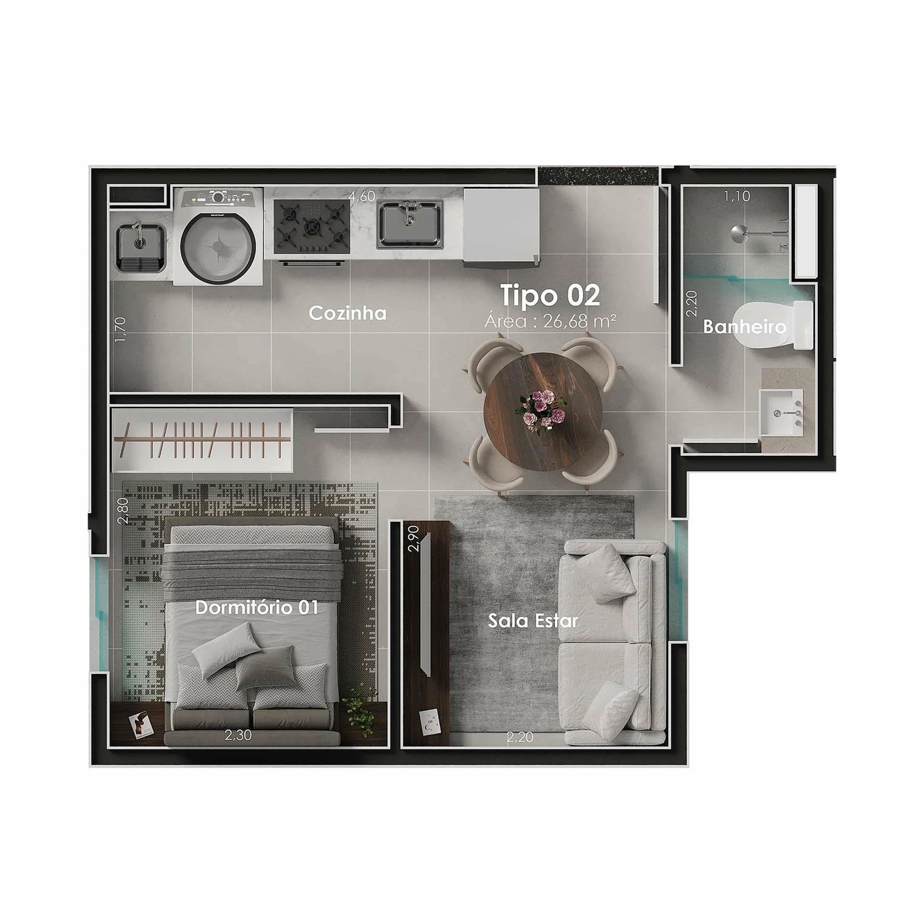 Planta 01 - 1 dorm 26,68m²