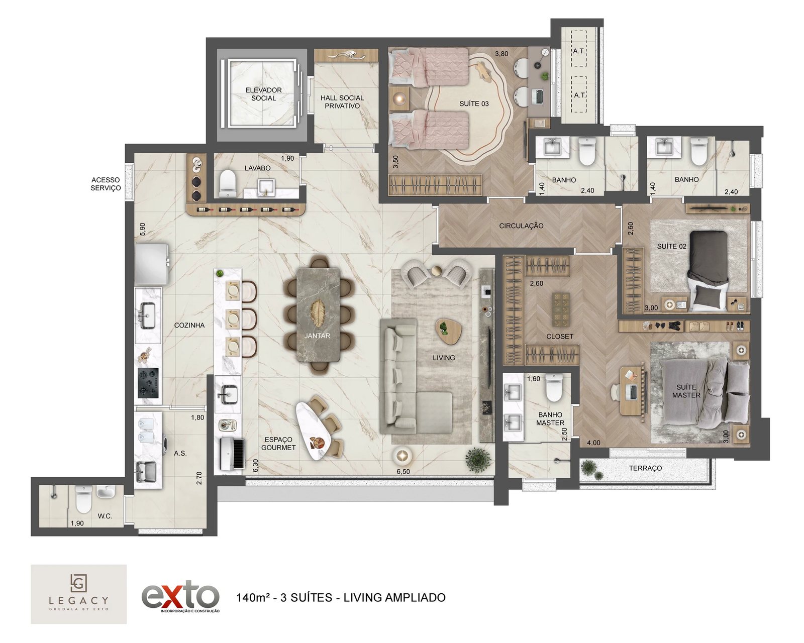 Tipo - 140 m² - 3 suítes - Living Ampliado