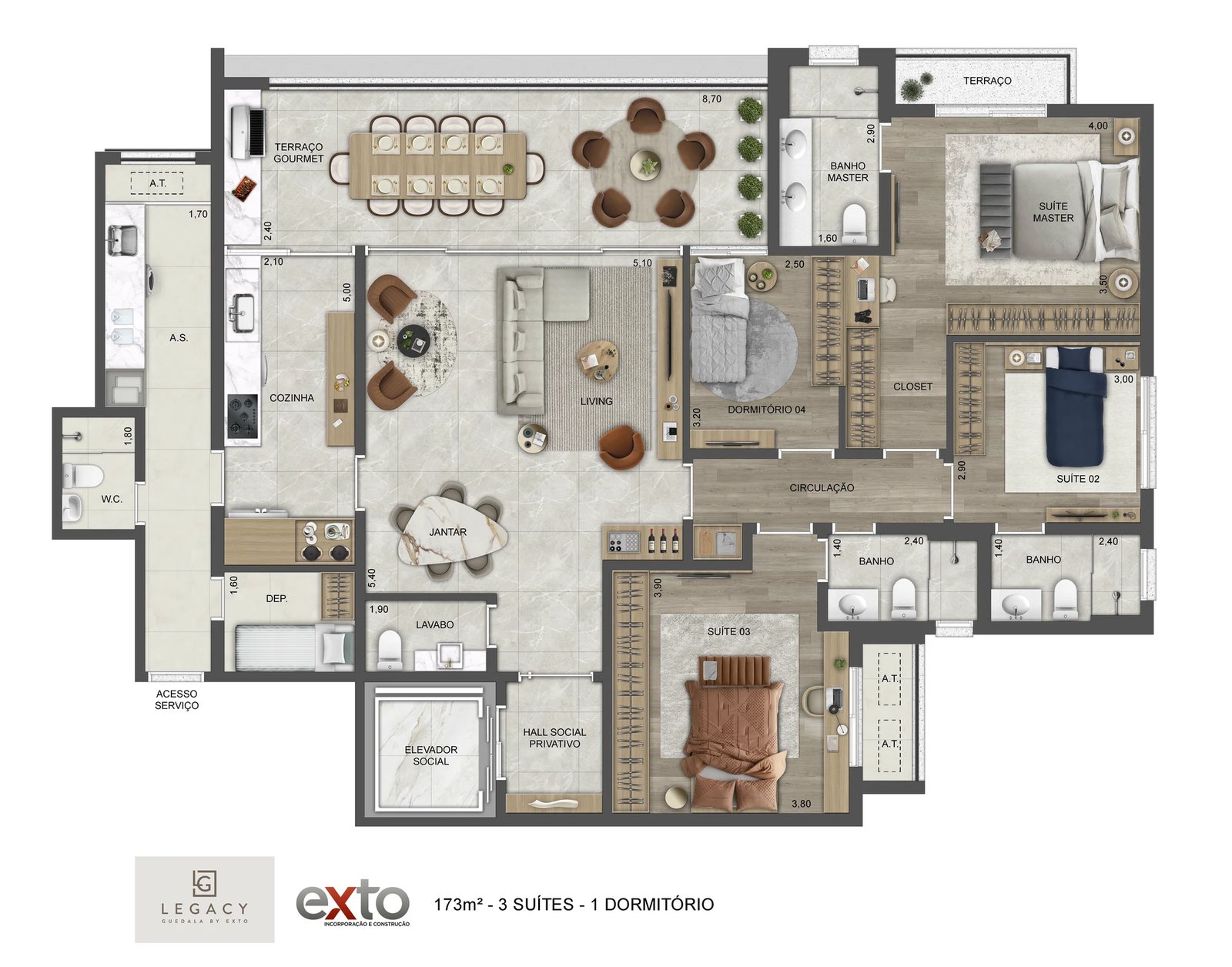 Tipo - 173 m² - 3 suítes - 1 dormitório