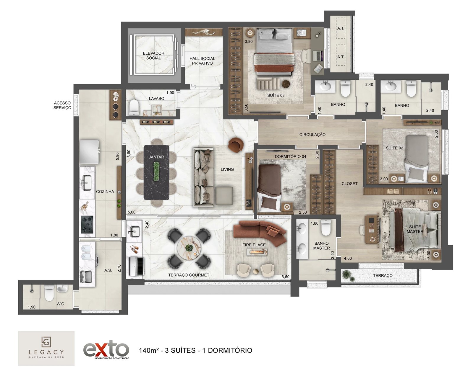 Tipo - 140 m² - 3 suítes - 1 dormitório