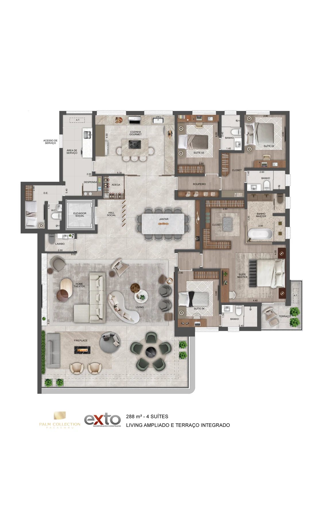 Planta 05 - 4 suítes - living ampliado e terraço integrado 288 m²