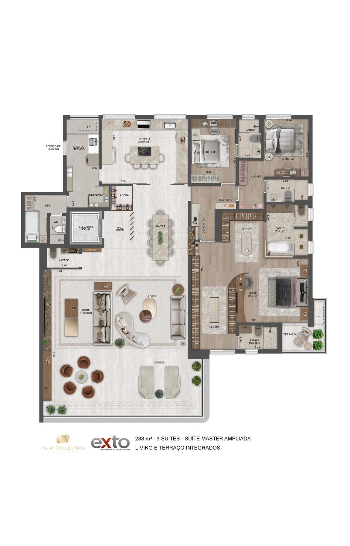 Planta 04 -3 suítes - suíte master ampliada - living e terraço integrados (decorado) 288 m²